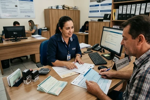 Despachante orientando cliente sobre a regularização de veículo em Ipatinga.